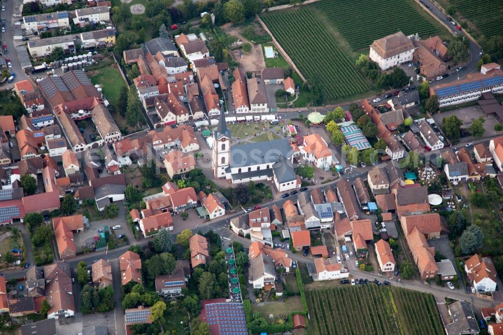 Edesheim from above - Church building St. Peter and Paul in the village of in Edesheim in the state Rhineland-Palatinate