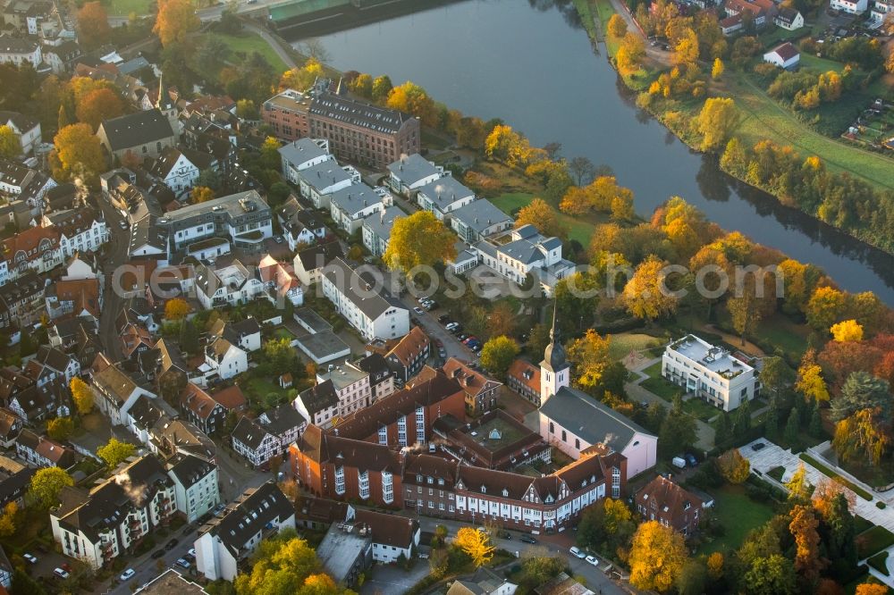 Essen from above - Church building of Saint Peter and home for the elderly of Saint Josef in the autumnal Kettwig part of Essen in the state of North Rhine-Westphalia