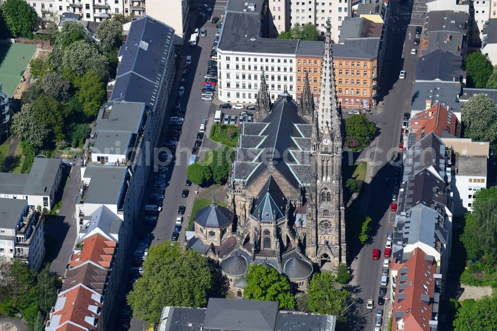 Leipzig from the bird's eye view: Church building of Peterskirche on Schletterstrasse in Leipzig in the state Saxony, Germany