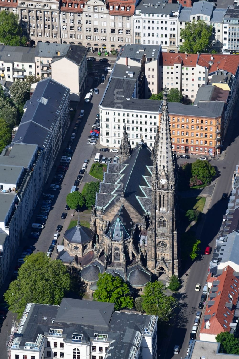 Aerial image Leipzig - Church building of Peterskirche on Schletterstrasse in Leipzig in the state Saxony, Germany