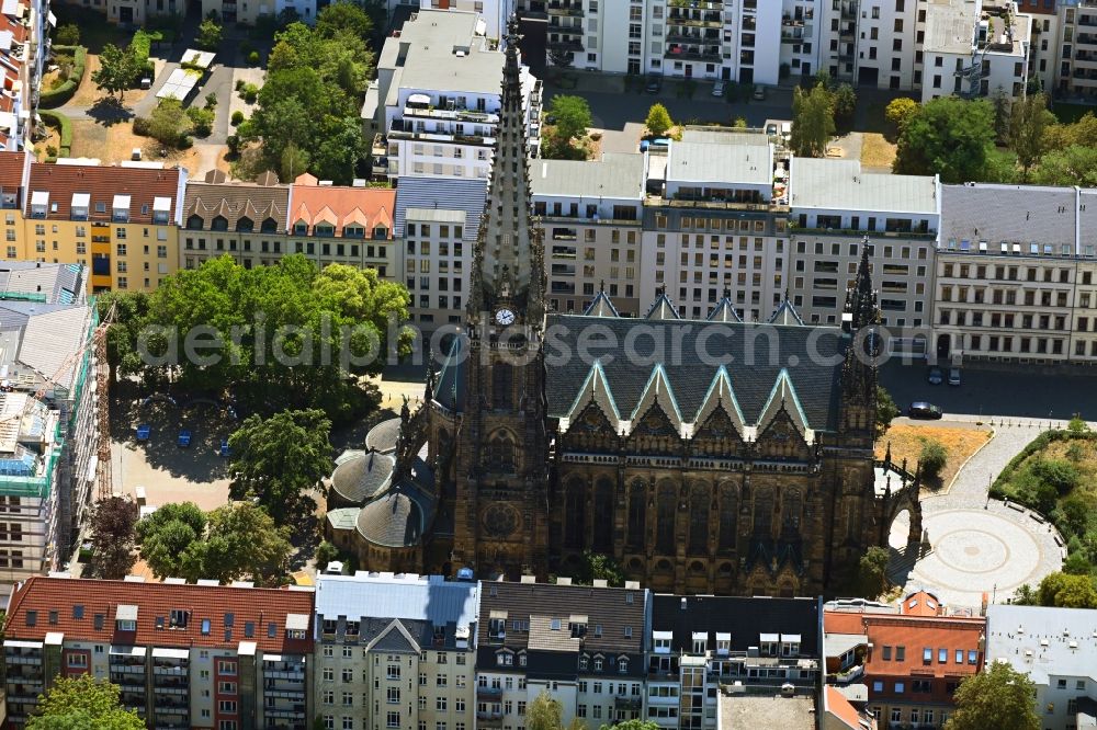 Leipzig from the bird's eye view: Church building of Peterskirche on Schletterstrasse in Leipzig in the state Saxony, Germany