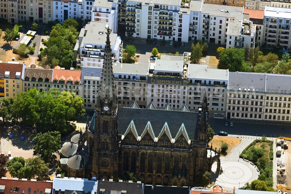 Aerial image Leipzig - Church building of Peterskirche on Schletterstrasse in Leipzig in the state Saxony, Germany