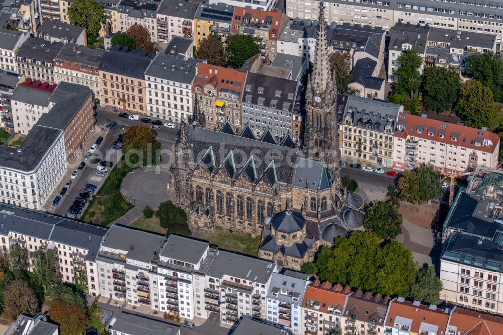 Leipzig from the bird's eye view: Church building of Peterskirche on Schletterstrasse in Leipzig in the state Saxony, Germany