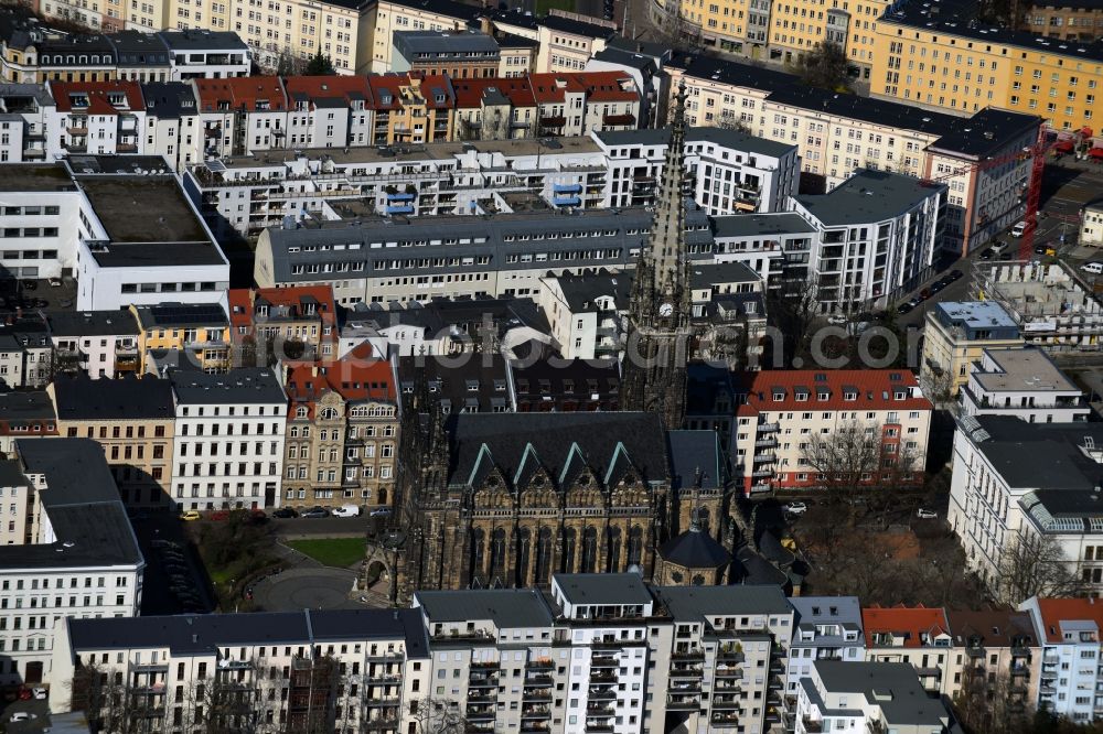 Aerial photograph Leipzig - Church building Peterskirche on Schletterstrasse in the district Zentrum-Sued in Leipzig in the state Saxony