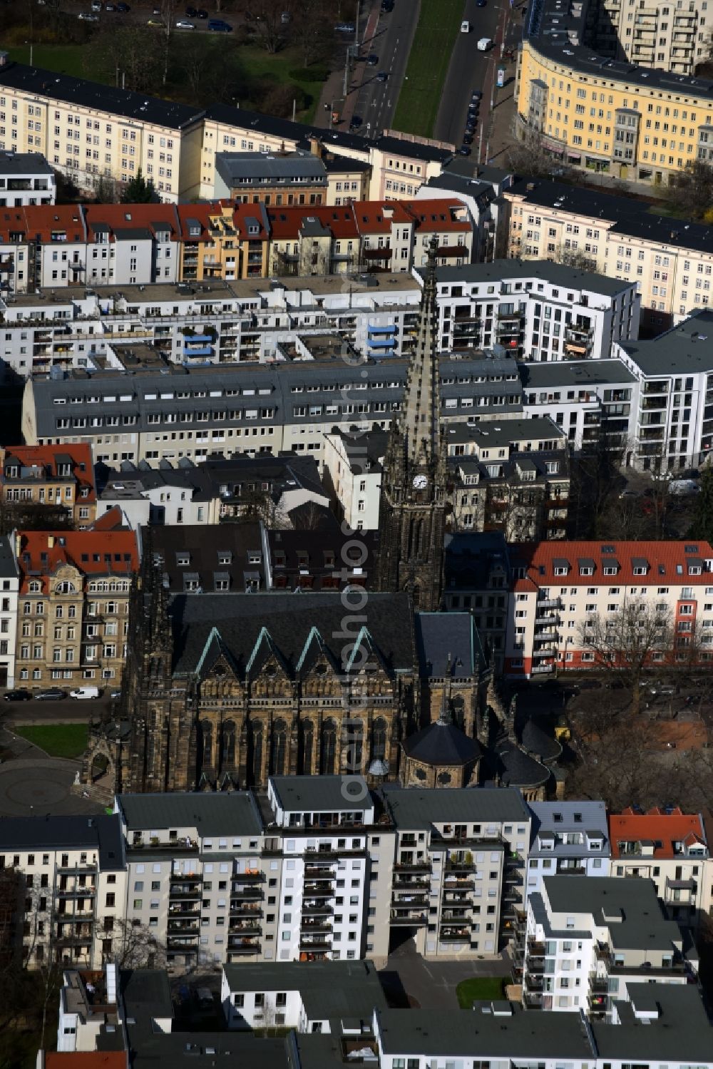 Aerial image Leipzig - Church building Peterskirche on Schletterstrasse in the district Zentrum-Sued in Leipzig in the state Saxony