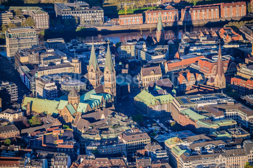 Aerial image Bremen - Church building of the cathedral of of St. Petri Dom Bremen on Sandstrasse in the district Zentrum in Bremen, Germany