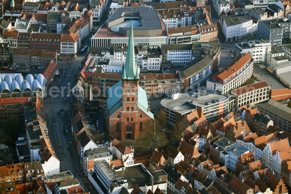 Lübeck from above - Church building in St. Petri Kirche Old Town- center of downtown in Luebeck in the state Schleswig-Holstein, Germany