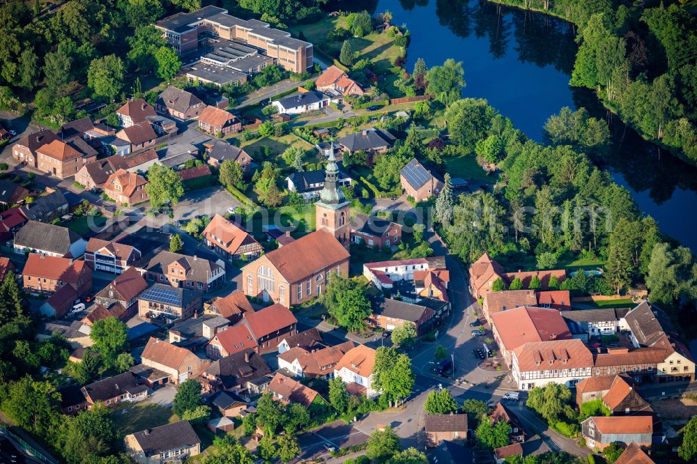 Bad Bodenteich from above - Church building St. Petri Kirche in the village of on street Hauptstrasse in Bad Bodenteich in the state Lower Saxony, Germany