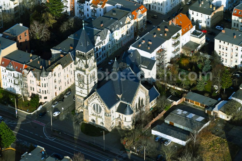 Aerial image Dessau - Church building Petruskirche on Wilhelm-Mueller-Strasse in Dessau in the state Saxony-Anhalt, Germany