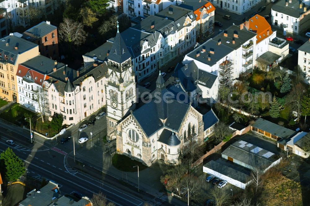 Dessau from above - Church building Petruskirche on Wilhelm-Mueller-Strasse in Dessau in the state Saxony-Anhalt, Germany