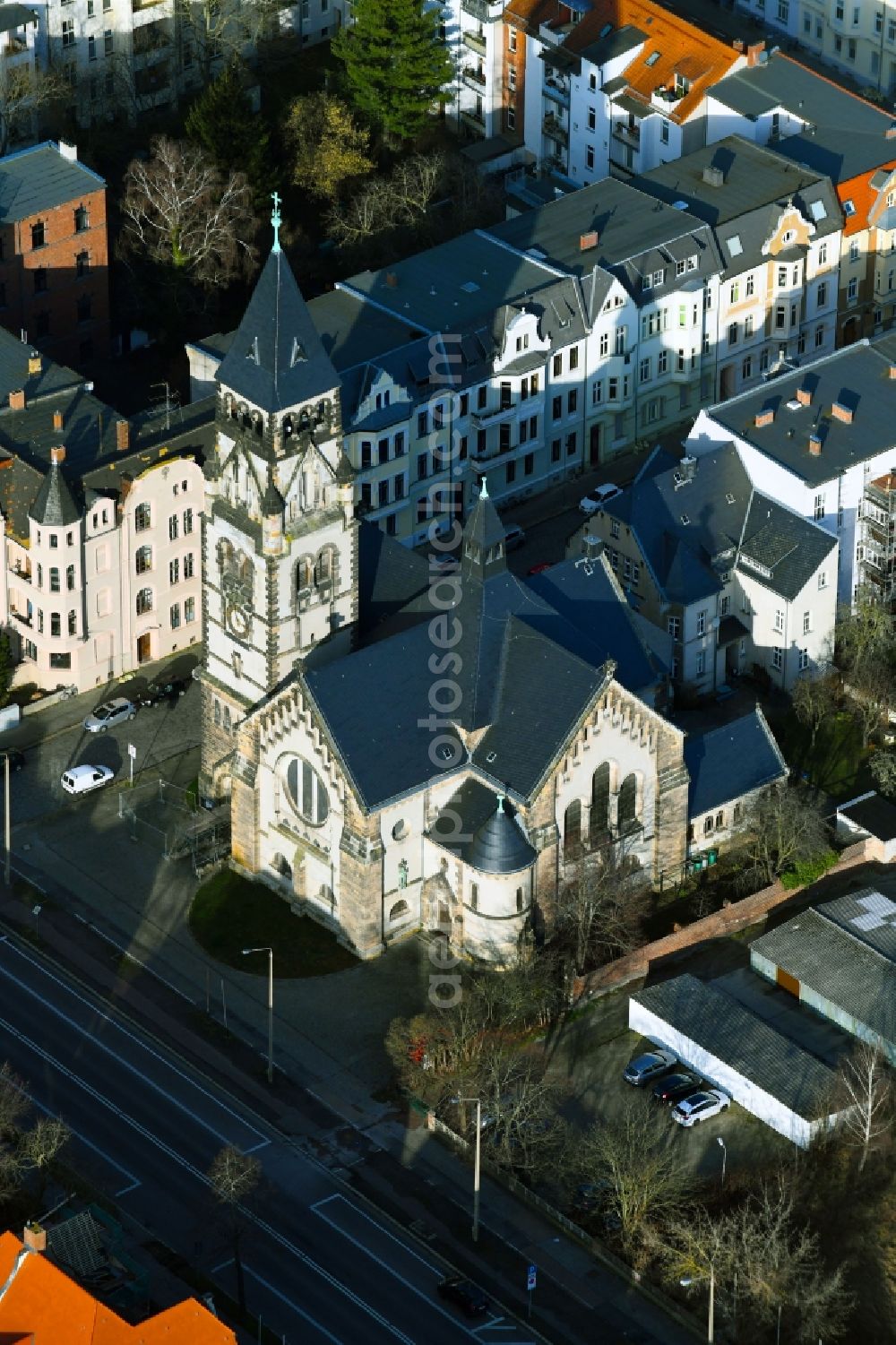 Aerial image Dessau - Church building Petruskirche on Wilhelm-Mueller-Strasse in Dessau in the state Saxony-Anhalt, Germany