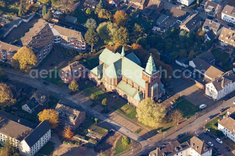 Bottrop from above - Church building of the parish and community church St. Joseph Batenbrock in the district of Batenbrock in Bottrop in the federal state of North Rhine-Westphalia, Germany