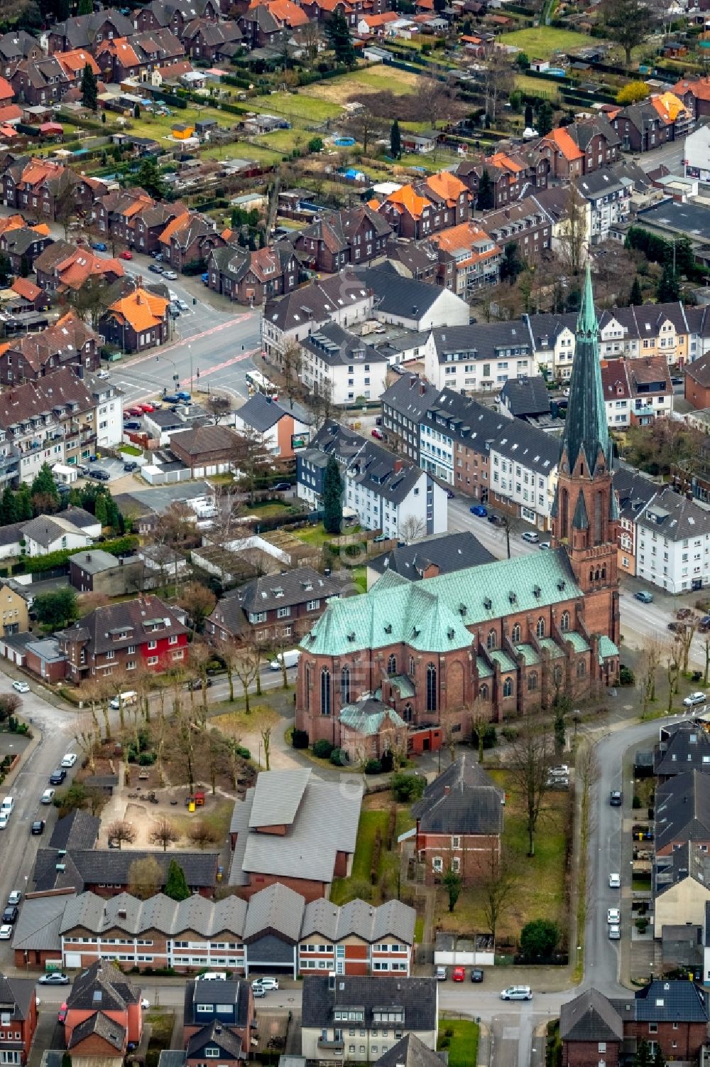 Bottrop from above - Church building Pfarr- and Gemeindekirche St. Joseph Batenbrock in the district Batenbrock in Bottrop in the state North Rhine-Westphalia, Germany