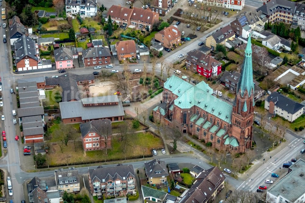 Aerial image Bottrop - Church building Pfarr- and Gemeindekirche St. Joseph Batenbrock in the district Batenbrock in Bottrop in the state North Rhine-Westphalia, Germany