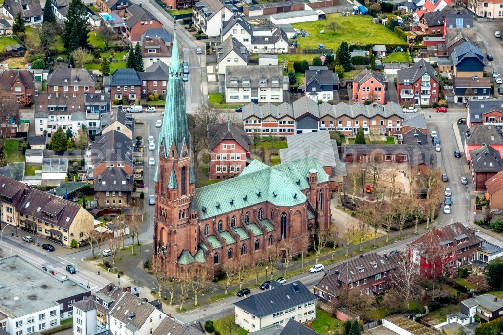 Bottrop from above - Church building Pfarr- and Gemeindekirche St. Joseph Batenbrock in the district Batenbrock in Bottrop in the state North Rhine-Westphalia, Germany