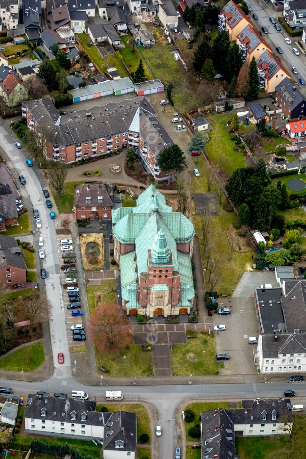 Bottrop from above - Church building Pfarr- and Gemeindekirche St. Joseph Batenbrock in the district Batenbrock in Bottrop in the state North Rhine-Westphalia, Germany