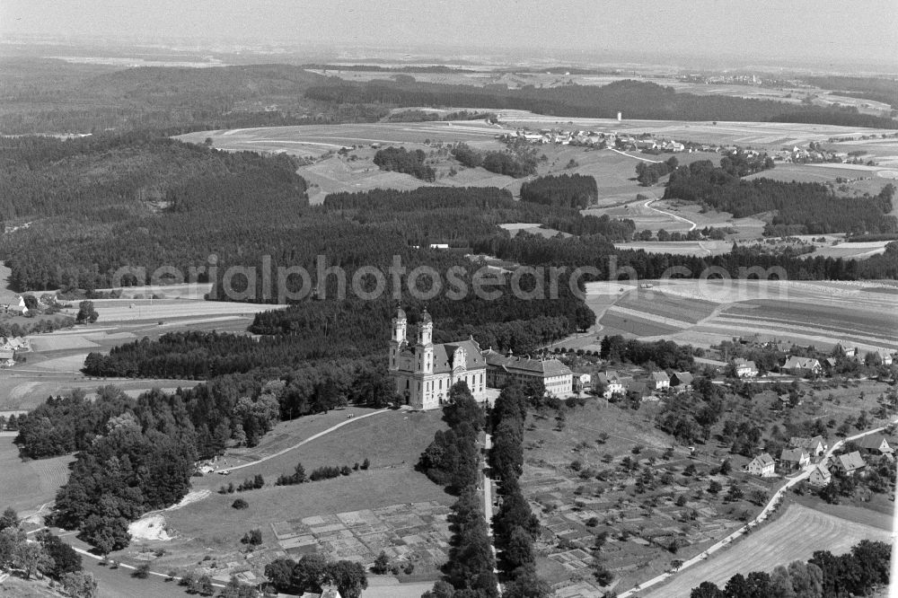 Ellwangen (Jagst) from above - Church building Pfarr- and Wallfahrtskirche Schoenenberg - Schoenenbergkirche in Ellwangen (Jagst) in the state Baden-Wuerttemberg, Germany