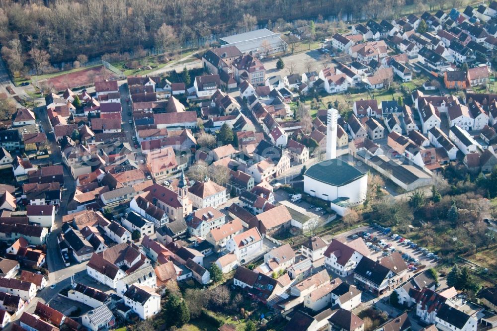 Aerial photograph Wörth am Rhein - Church building of St. Aegidius in the village of in Woerth am Rhein in the state Rhineland-Palatinate