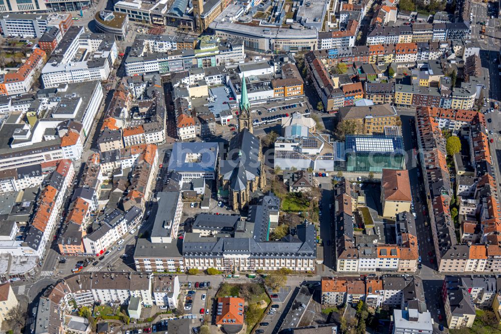 Hagen from above - Church building Pfarrkirche St. Marien an the local museum center on Hochstrasse - Mariengasse in the district Hagen-Mitte in Hagen at Ruhrgebiet in the state North Rhine-Westphalia, Germany