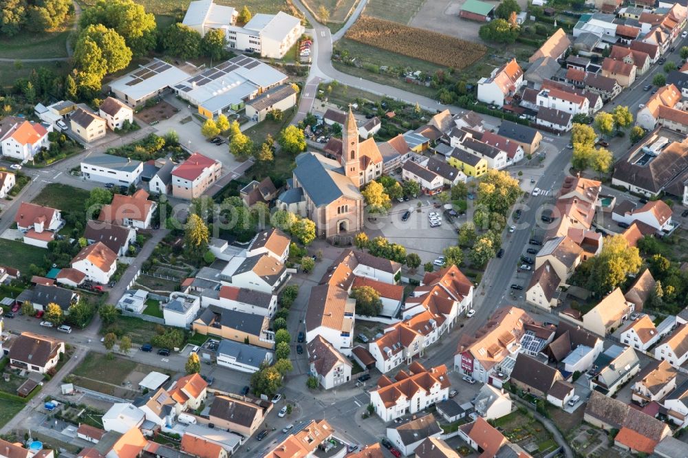 Aerial image Ubstadt-Weiher - Church building of St. Nikolaus in the village of in Ubstadt-Weiher in the state Baden-Wurttemberg, Germany