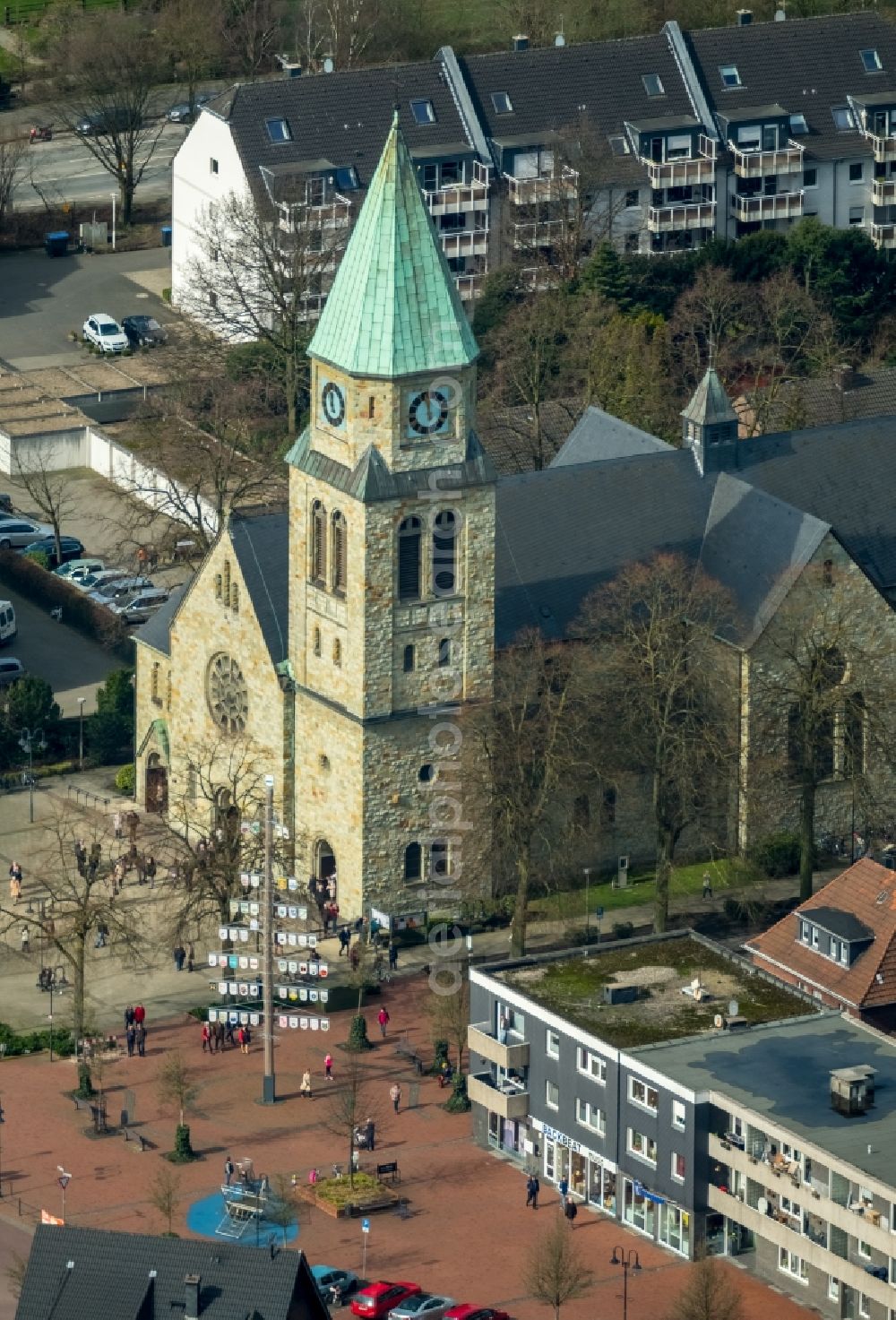 Bottrop from above - Church building Pfarrkirche St.Johannes of Taeufer in the district Kirchhellen in Bottrop in the state North Rhine-Westphalia