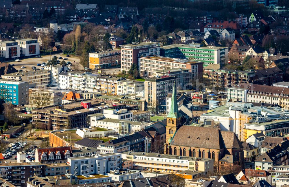 Bottrop from above - Church building Propsteikirche St. Cyriakus on Hochstrasse in Bottrop in the state North Rhine-Westphalia