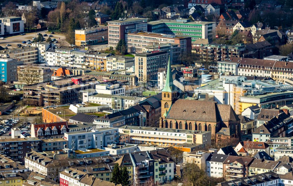 Bottrop from above - Church building Propsteikirche St. Cyriakus on Hochstrasse in Bottrop in the state North Rhine-Westphalia