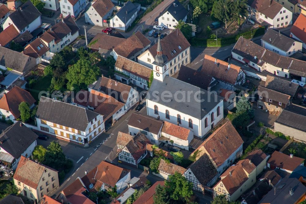 Westheim (Pfalz) from above - Church building of the Protestant Church in the village of in Westheim (Pfalz) in the state Rhineland-Palatinate, Germany