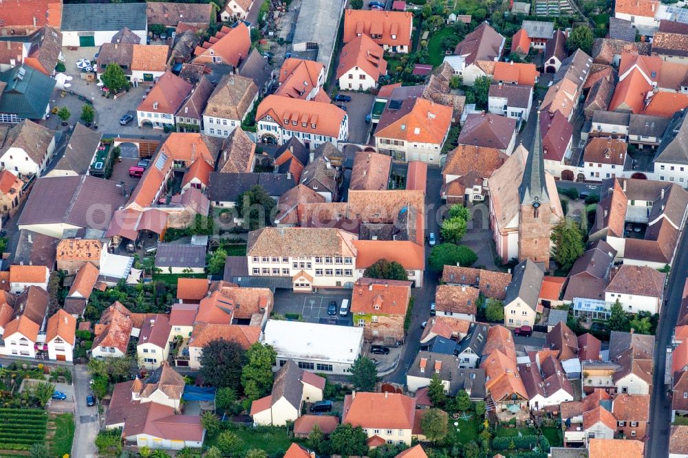 Rhodt from above - Church building in the village of in Rhodt in the state Rhineland-Palatinate, Germany