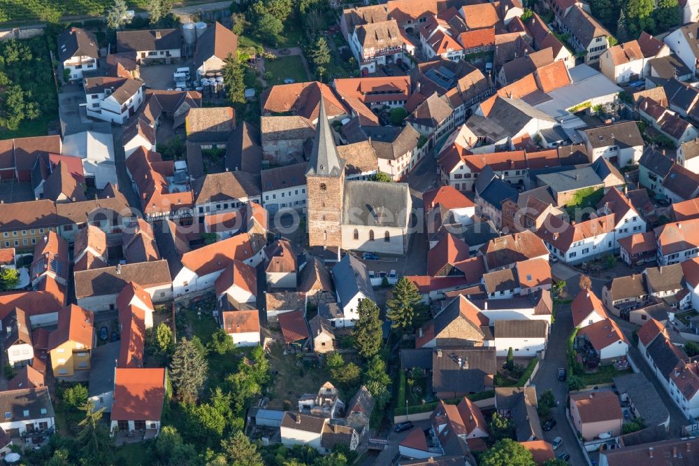 Großkarlbach from above - Protestantic Church building in the village of in Grosskarlbach in the state Rhineland-Palatinate, Germany