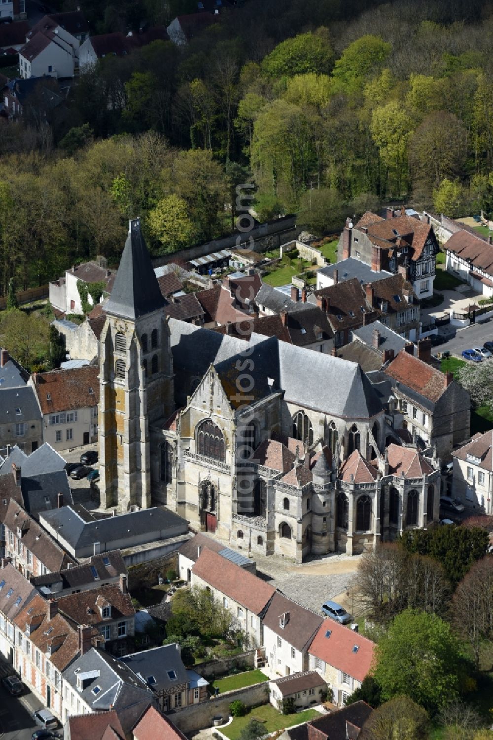 Aerial image Clermont - Church building in on Rue de la Republique Old Town- center of downtown in Clermont in Nord-Pas-de-Calais Picardy, France