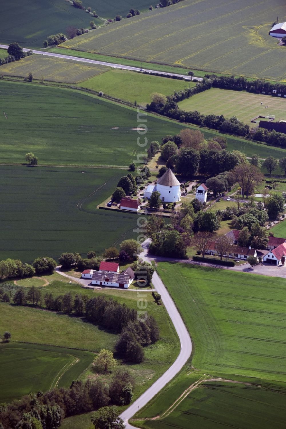 Aakirkeby from above - Church building Nylars kirke on Kirkevej Bornholm Island in Aakirkeby in Region Hovedstaden, Denmark