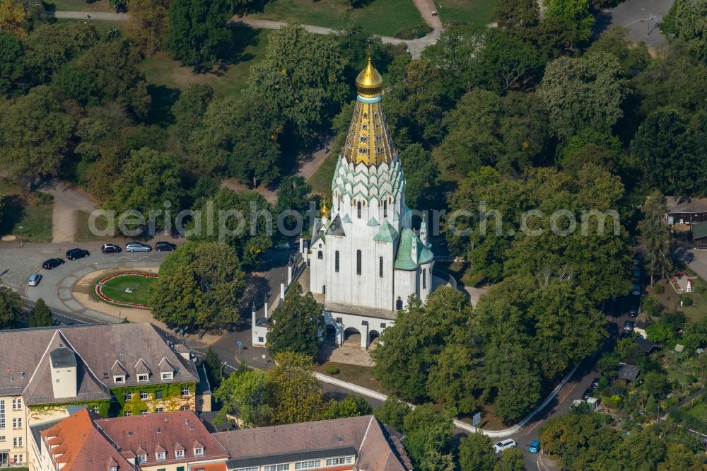 Leipzig from above - Church building Russische Gedaechtniskirche on the Semmelweissstrasse in the district Zentrum-Suedost in Leipzig in the state Saxony, Germany