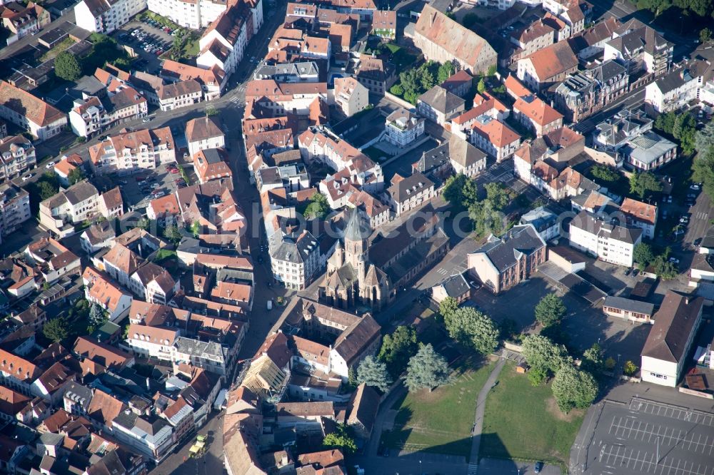 Haguenau from above - Church building in Saint Georges Old Town- center of downtown in Haguenau in Grand Est, France