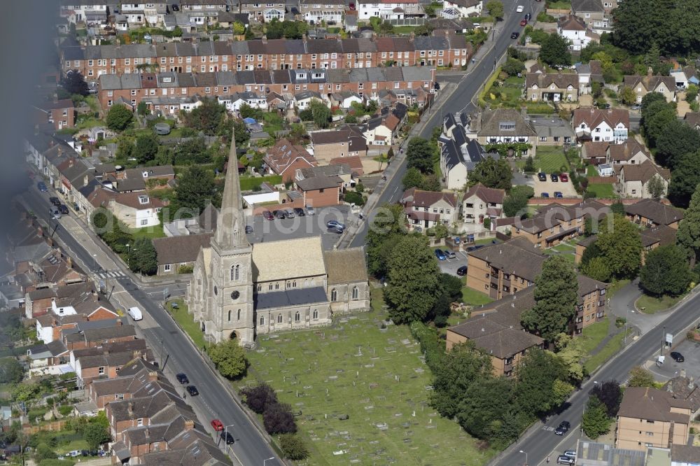 Chippenham from above - Church building Saint Paul's Church on Malmesbury Rd in Chippenham in England, United Kingdom