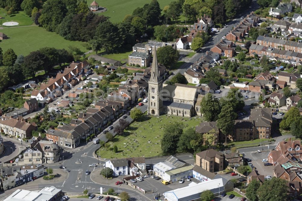 Chippenham from above - Church building Saint Paul's Church on Malmesbury Rd in Chippenham in England, United Kingdom