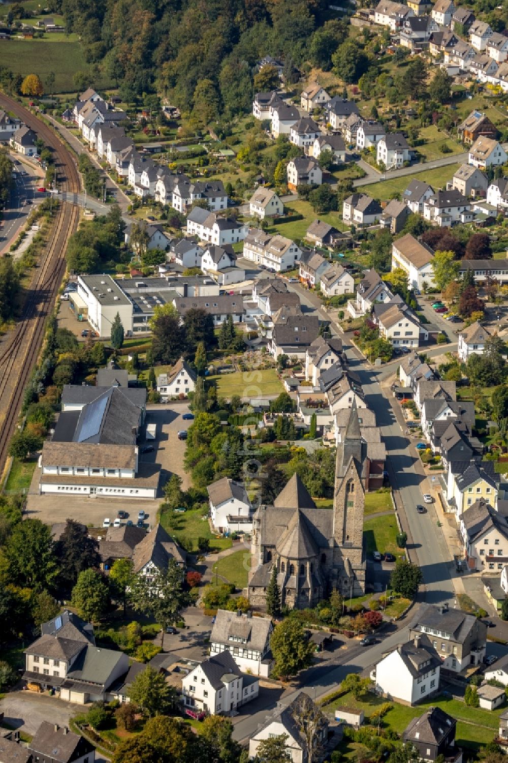 Bestwig from the bird's eye view: Church building Sankt-Anna-church at the Kirchstrasse in Bestwig in the state North Rhine-Westphalia