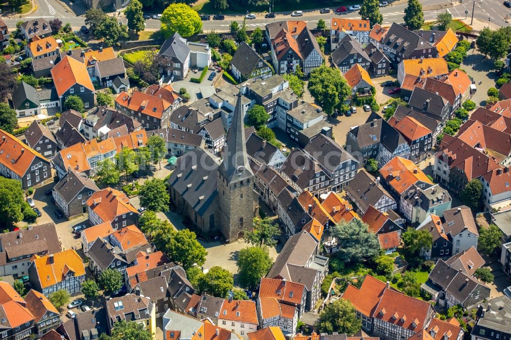 Aerial image Hattingen - Church building of the Evangelical Church of Saint George in the historic Old Town- center of downtown in Hattingen in North Rhine-Westphalia