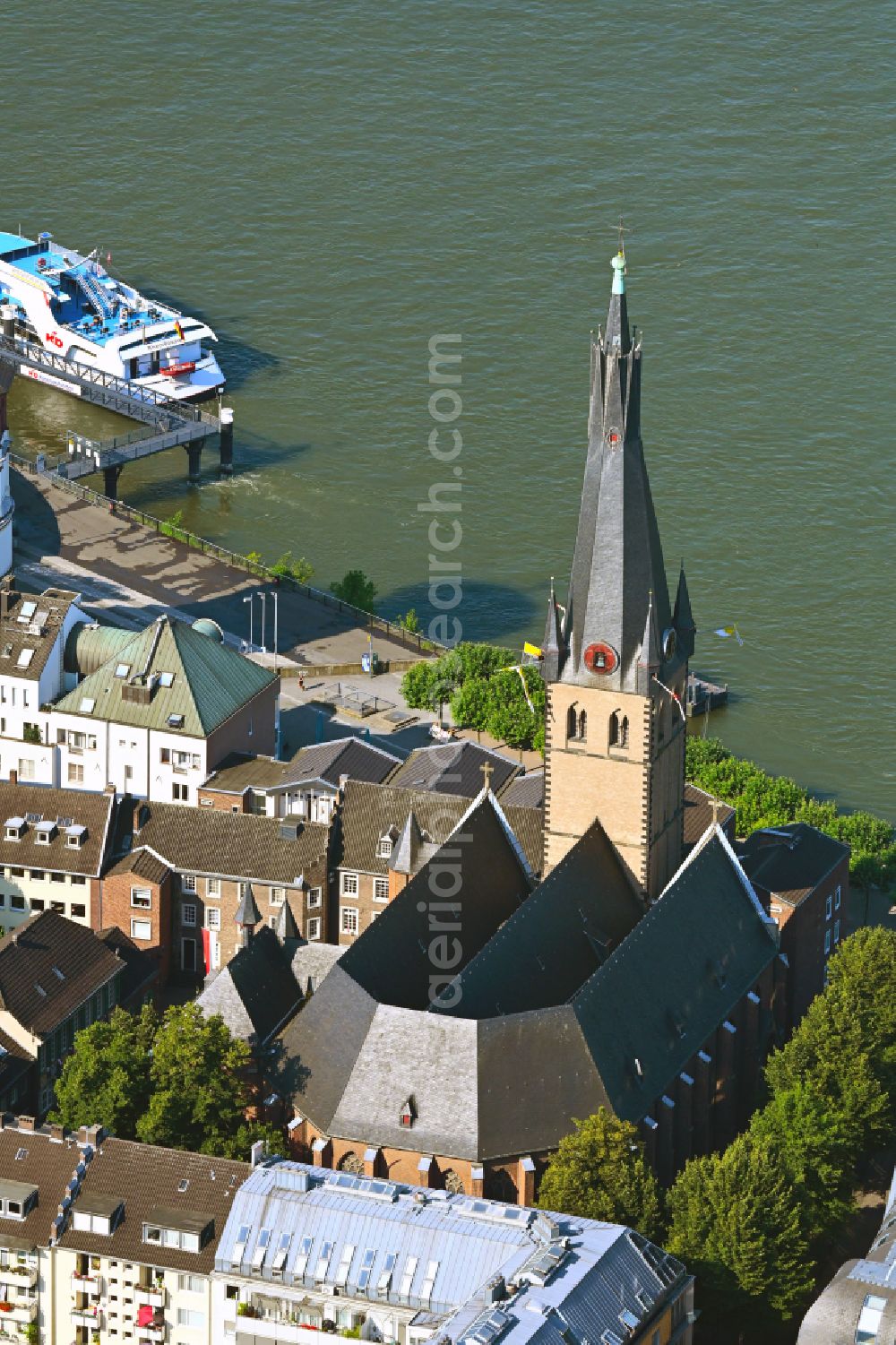 Düsseldorf from above - Church building of Saint Lambertus and the castle tower on the Burgplatz square on the riverbank of the Rhine in the historic town- center of Duesseldorf in the state of North Rhine-Westphalia