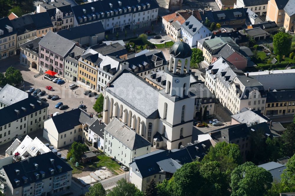 Auerbach/Vogtland from above - Church building in Sankt Laurentiuskirche Old Town- center of downtown in Auerbach/Vogtland in the state Saxony, Germany