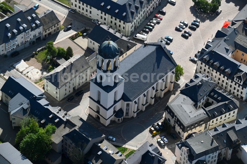 Auerbach/Vogtland from above - Church building in Sankt Laurentiuskirche Old Town- center of downtown in Auerbach/Vogtland in the state Saxony, Germany