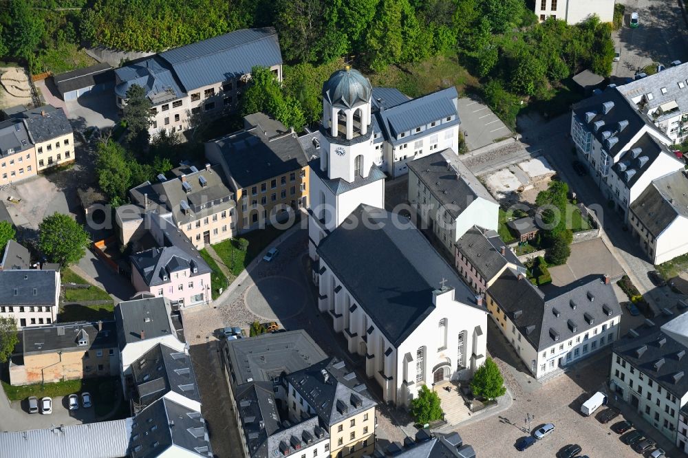 Auerbach/Vogtland from above - Church building in Sankt Laurentiuskirche Old Town- center of downtown in Auerbach/Vogtland in the state Saxony, Germany