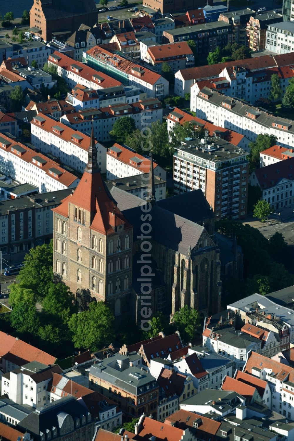 Rostock from above - Church building of the Saint Marien's church to Rostock in Rostock in the federal state Mecklenburg-West Pomerania, Germany. The Marien's church is the Protestant-Lutheran main church of Rostock