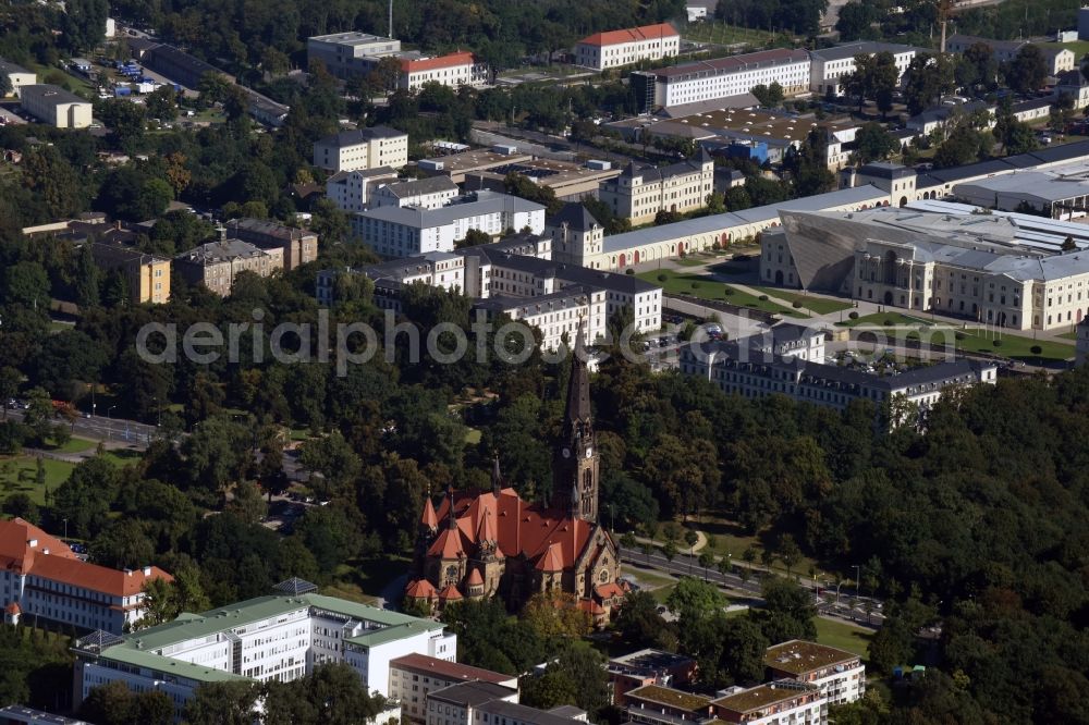 Dresden from above - Church building Sankt Martin-Kirche, formerly Garnisonkirche on the Stauffenbergallee in Dresden in the state Saxony