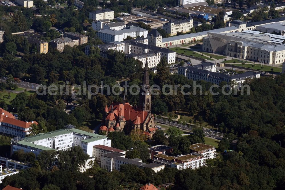 Dresden from the bird's eye view: Church building Sankt Martin-Kirche, formerly Garnisonkirche on the Stauffenbergallee in Dresden in the state Saxony