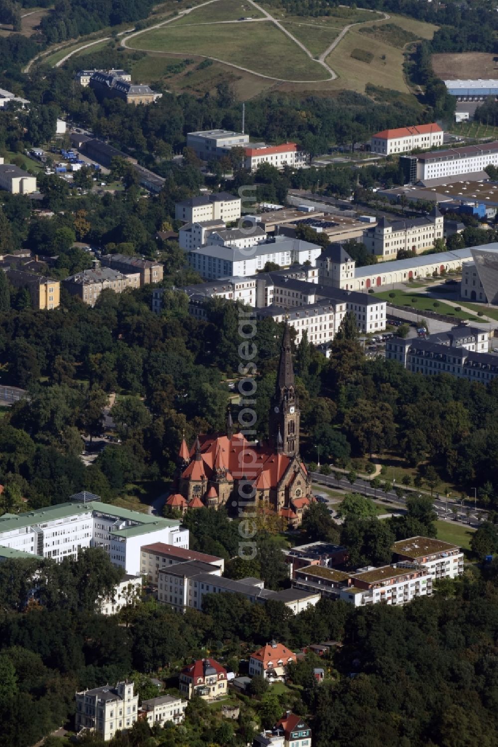 Aerial image Dresden - Church building Sankt Martin-Kirche, formerly Garnisonkirche on the Stauffenbergallee in Dresden in the state Saxony