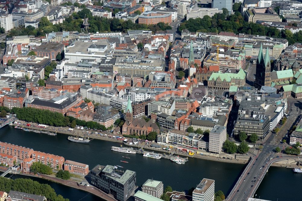 Bremen from above - Church building of Sankt Martini on the riverbank of the Weser in the historic town centre of Bremen in Germany