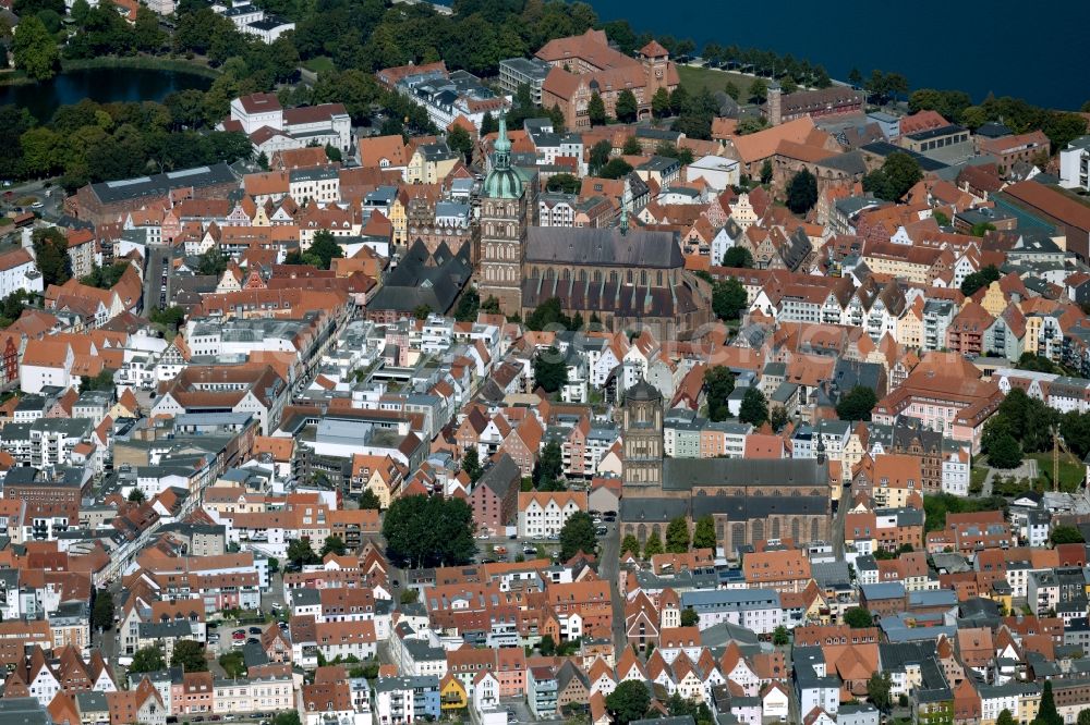 Stralsund from above - Church building Sankt Nikolai -Gemeinde in the district Andershof in Stralsund in the state Mecklenburg - Western Pomerania