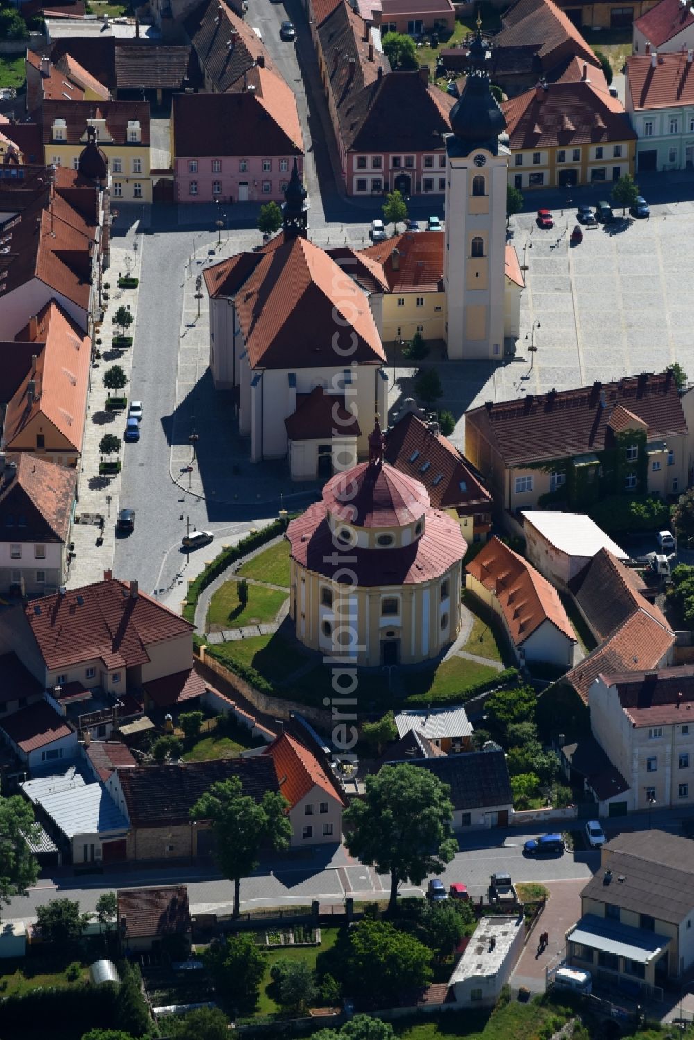 Dobrany - Dobrzan from the bird's eye view: Church building in of Sankt Nikolaus church and of Sankt Vitus church Old Town- center of downtown in Dobrany - Dobrzan in Plzensky kraj - Pilsner Region - Boehmen, Czech Republic