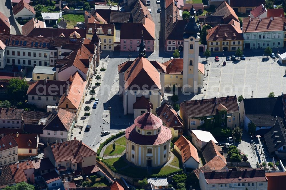 Aerial image Dobrany - Dobrzan - Church building in of Sankt Nikolaus church and of Sankt Vitus church Old Town- center of downtown in Dobrany - Dobrzan in Plzensky kraj - Pilsner Region - Boehmen, Czech Republic